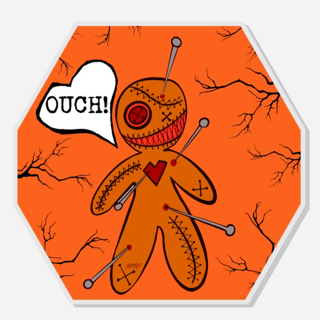 Voodoo Doll Ouch Acrylic Pin for wholesale by Margeaux Wex Designs