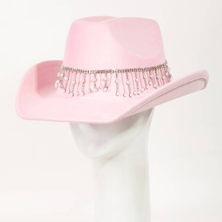 Collections by Fame Accessories - Wholesale Cowboy Hat - Women's - Rhinestone And Pearly Fringe Band Western Cowboy Hat