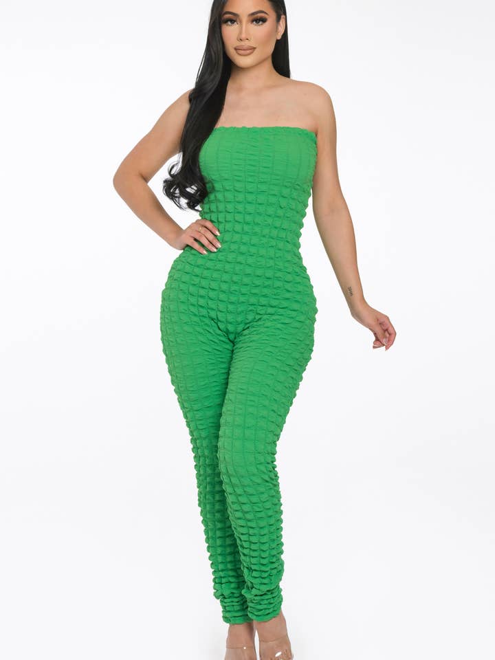 Elastische strapless jumpsuit met popcorntextuur voor wholesale door Lime All the Time
