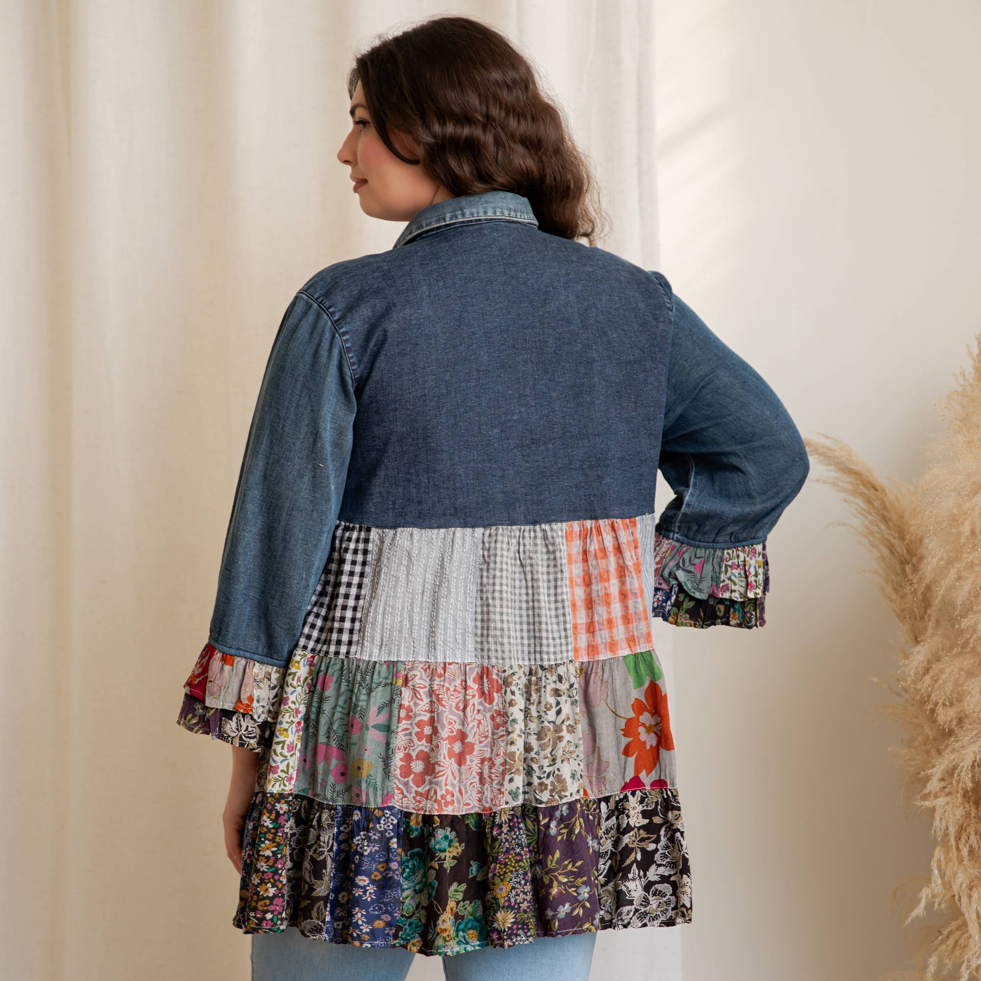 Young Threads - Wholesale Blouse - Women's - Western Denim Yoke Patchwork Tiered Tunic Top (New Color)3