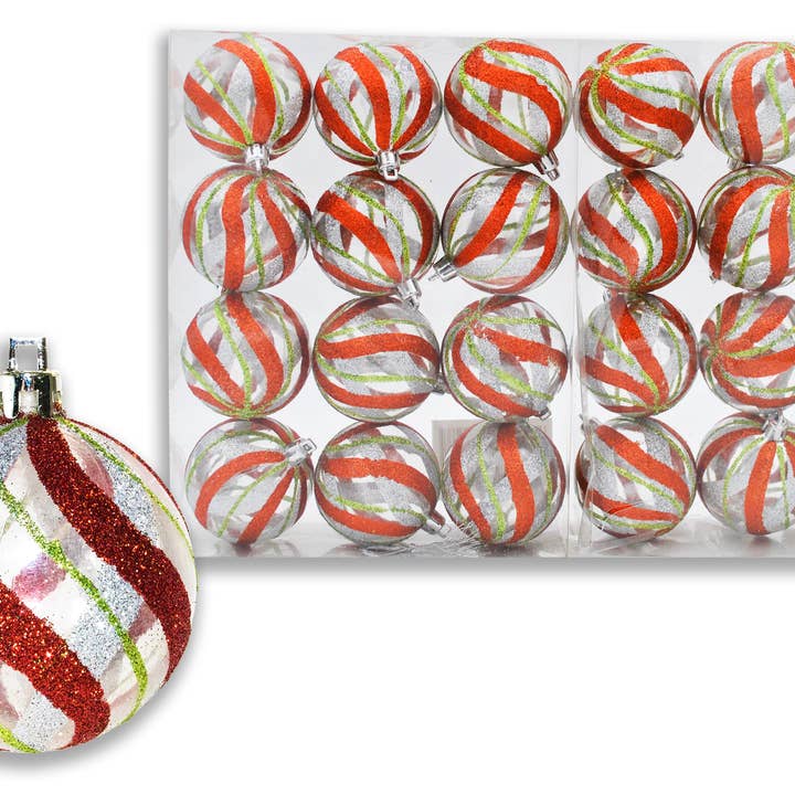 Winterland Inc. - Wholesale Ornament Set - 24 Pack of Clear Ball Ornaments with Green, Silver, and Red Glitter Designs