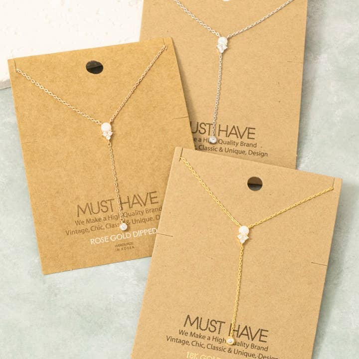 Gold Dipped Pearl Cz Charm Y Necklace for wholesale by Fame Accessories