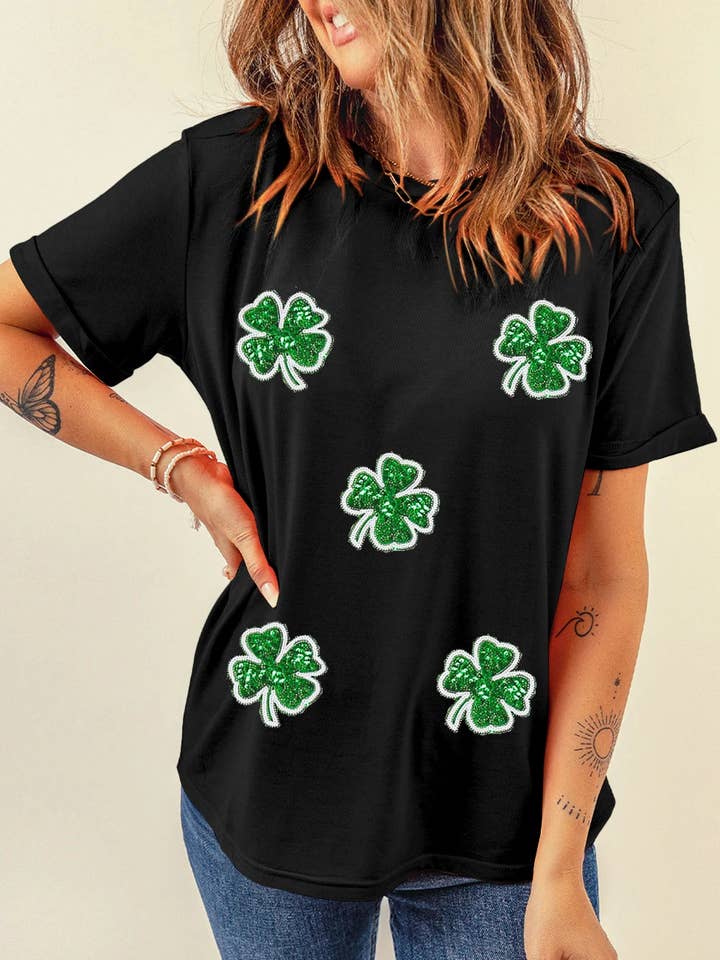 Lovesoft - Wholesale Screen Printed T-Shirt - Women's - Black Four Leaf Clover Graphic St. Patricks Crewneck Tee5