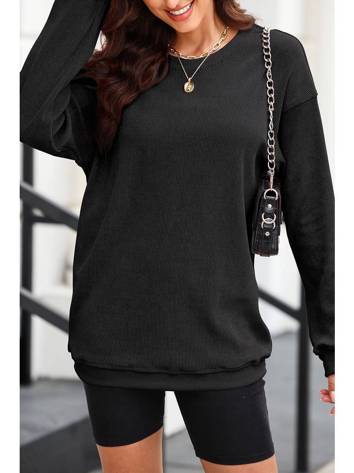 1 the Woman - Wholesale Sweatshirt - Women's - Solid Ribbed Knit Pullover Sweatshirt S-3XL/ 6 Colors