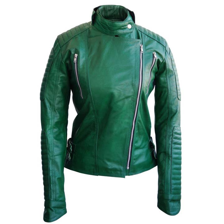Veste en cuir véritable Brando verte pour femmes pour la vente par Leather Skin Shop