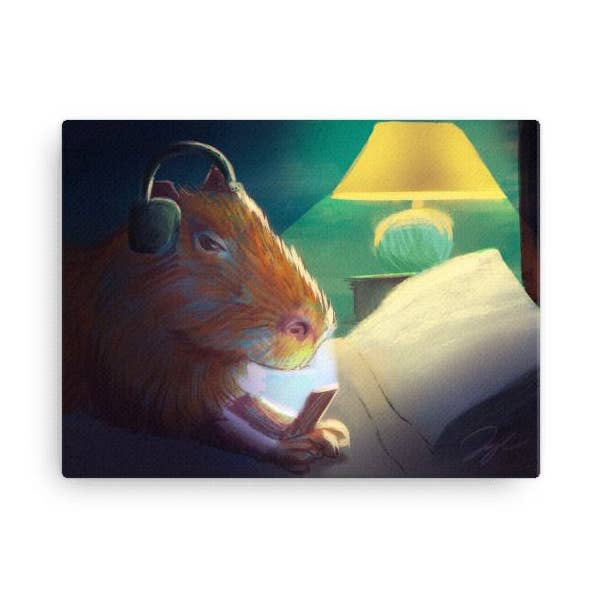 Late Nite Capy Painting | Whimsical Capybara Fine Art Print for wholesale by JoyousJoyfulJoyness