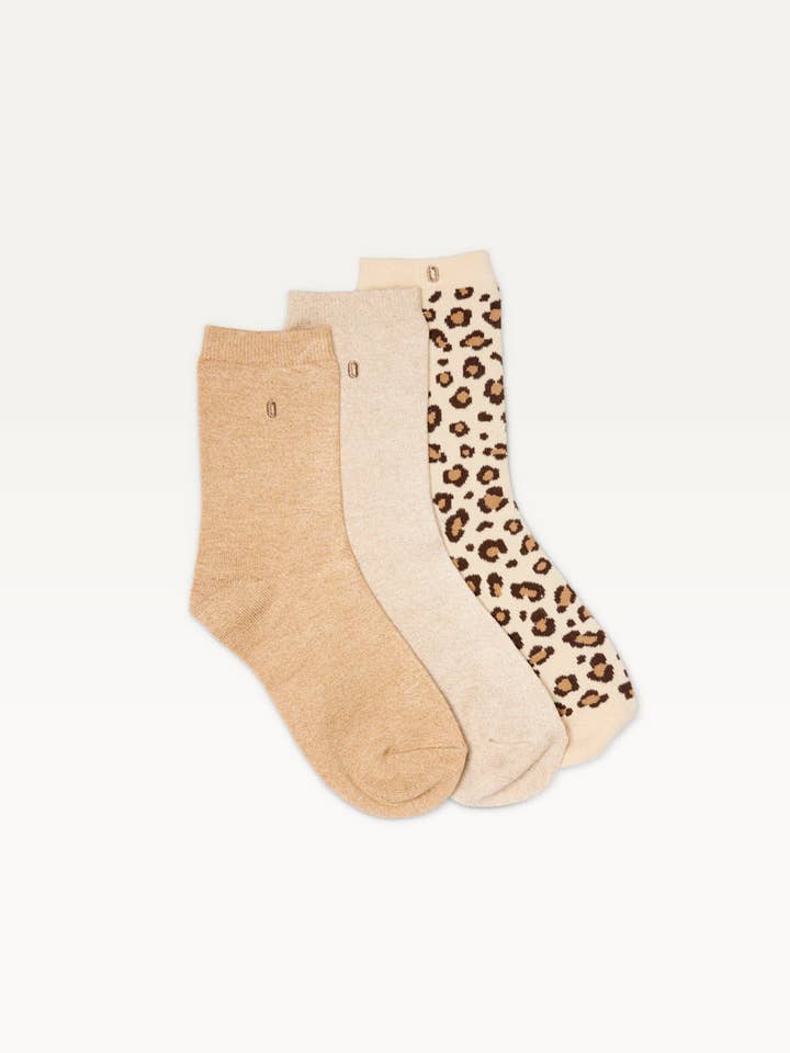 ODAJE – wholesale Socks – Women's – Pack of 3 socks - Fancy glitter and beige leopard1