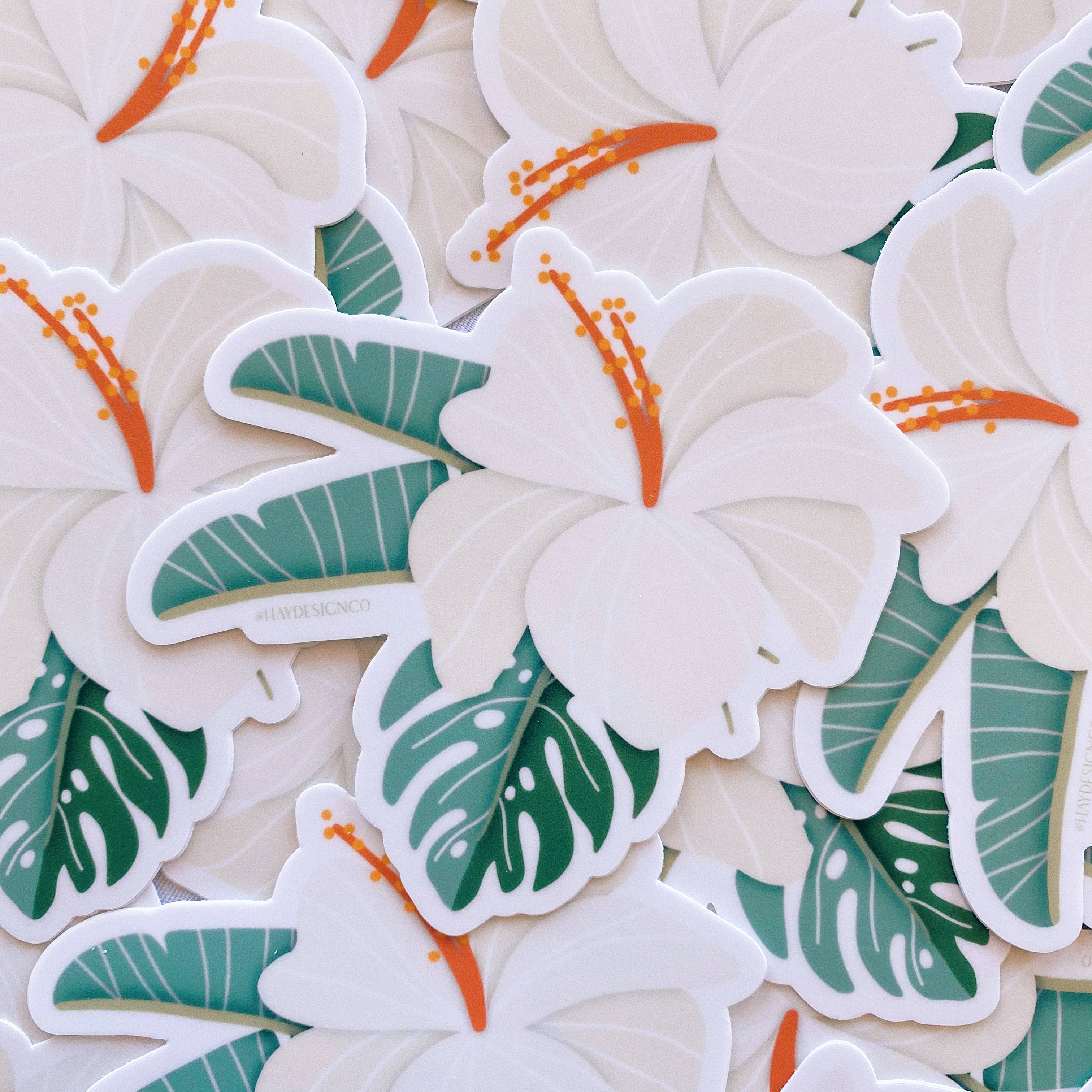 Hay Design Co. - Wholesale Sticker - White Hibiscus and Tropical Leaves Sticker1