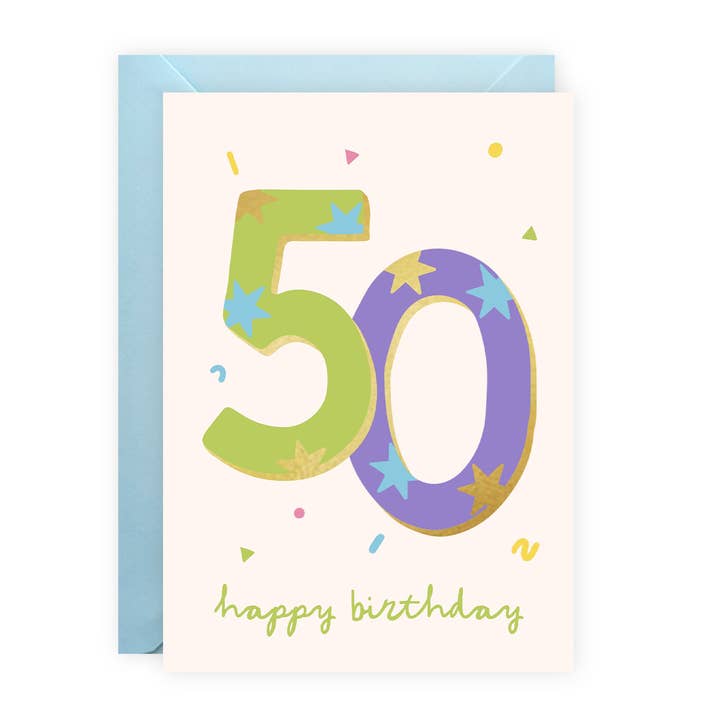 Foiled Unisex 50th Birthday Card - Age Fifty - Stars for wholesale by Painted Parasol Studio