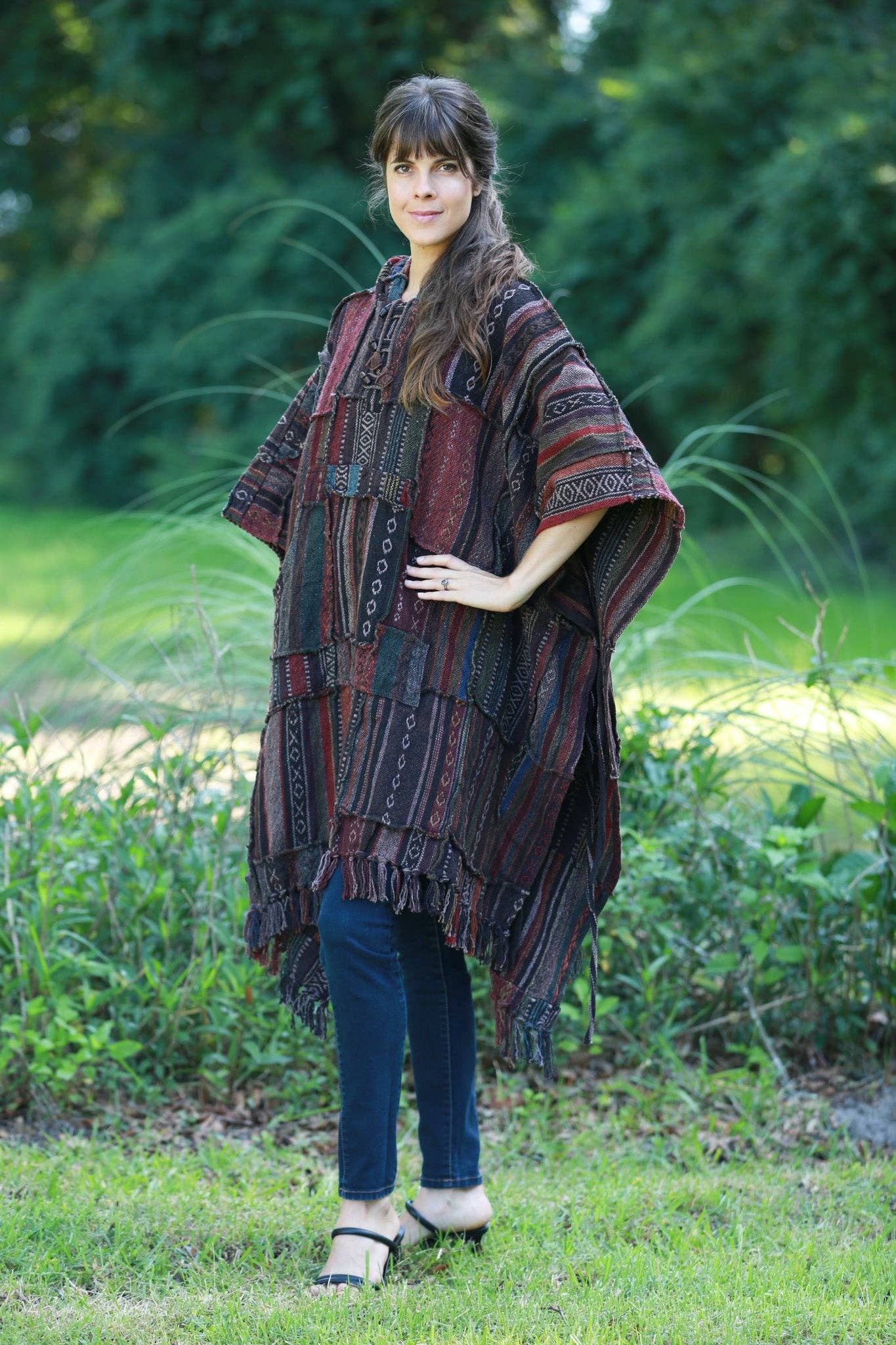 Sacred Threads - Wholesale Poncho - Women's - Cocoa Baja Hippie Poncho: Hooded with Tassels3