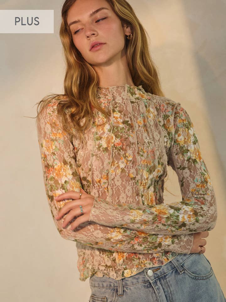 Plus Floral Printed Lace Mock Neck Top for wholesale by Oddi