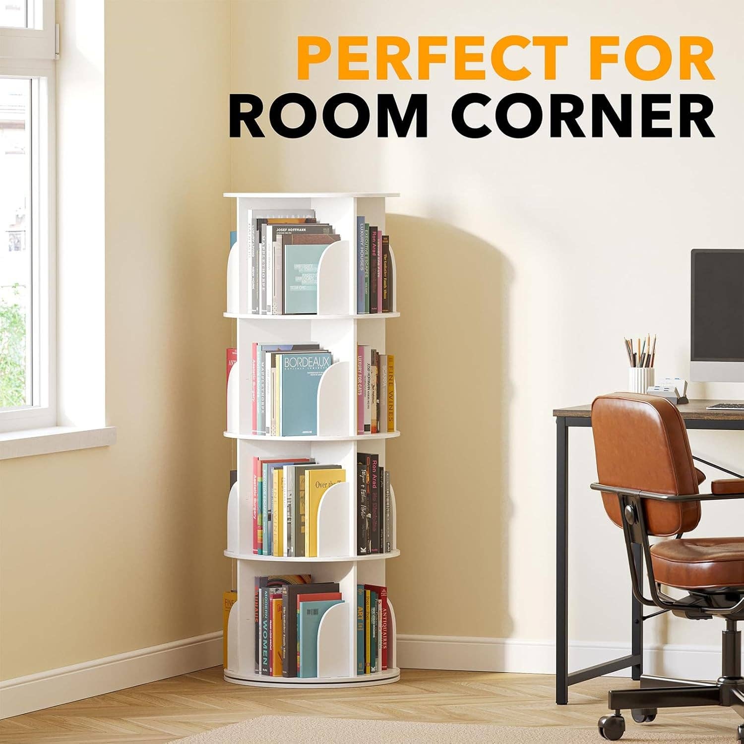 4 Tier Rotating Bookshelf Tower White Spinning Bookcase for wholesale on Faire4