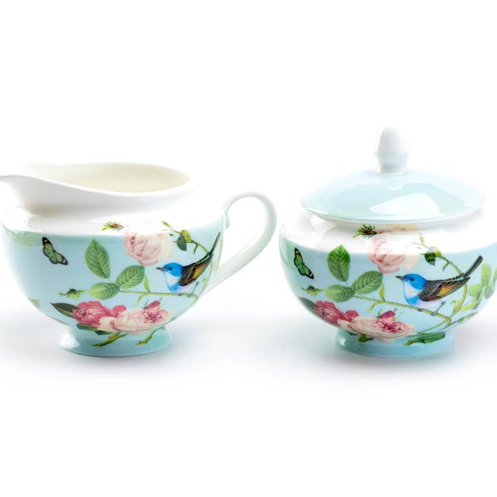 Grace Teaware - Vente Tasse à café/thé - Ensemble de sucre et de crème Blue Jay Pink Rose Garden Bone China