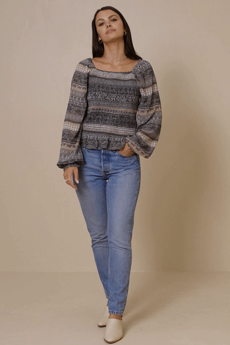 Black Womens Mixed Print Smocked Square Neck Top for wholesale on Faire1