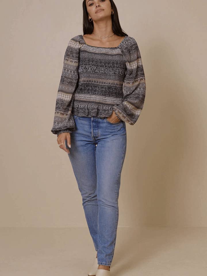 Black Womens Mixed Print Smocked Square Neck Top for wholesale on Faire1