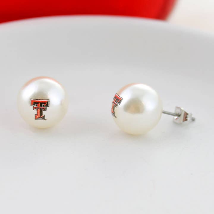 Texas Tech Logo Pearl Stud Earrings for wholesale by Seasons Jewelry