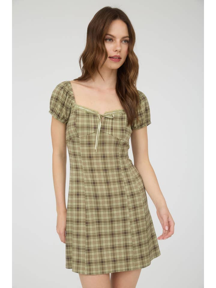 The Workshop Studio - Vente Robe – femme - ROBE COURTE À MANCHES COURTES À CARREAUX AVEC LACETS ET DÉTAILS EN DENTELLE7