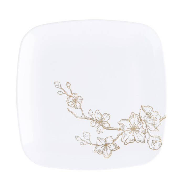 White and Gold Square Plastic Plates 10 Pack - Gold Buds for wholesale by Posh Setting