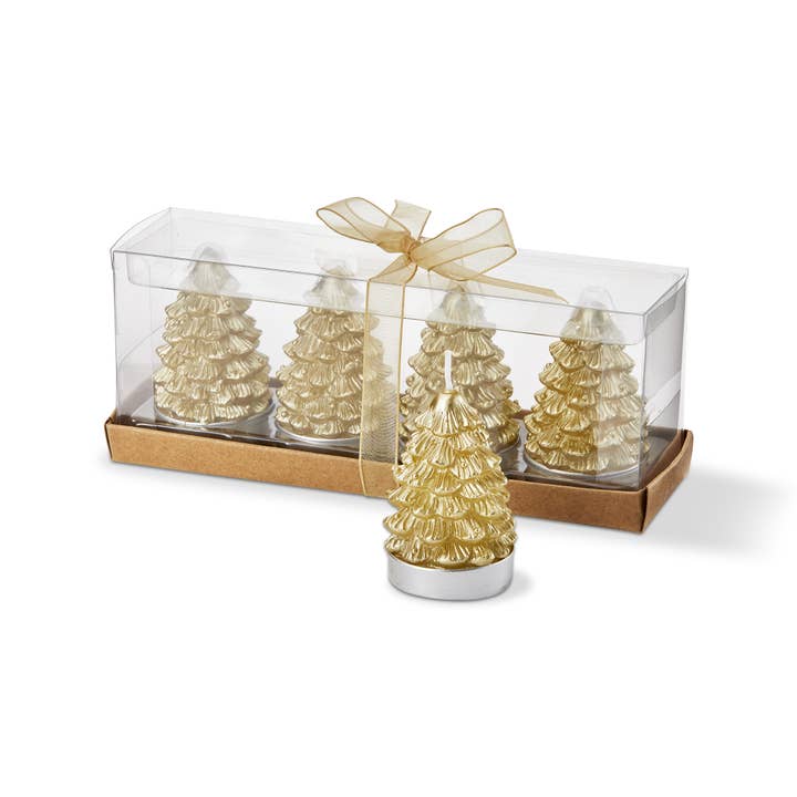 Multicolored Gold Fir Tree Tealight Candles Set of 4 for wholesale on Faire