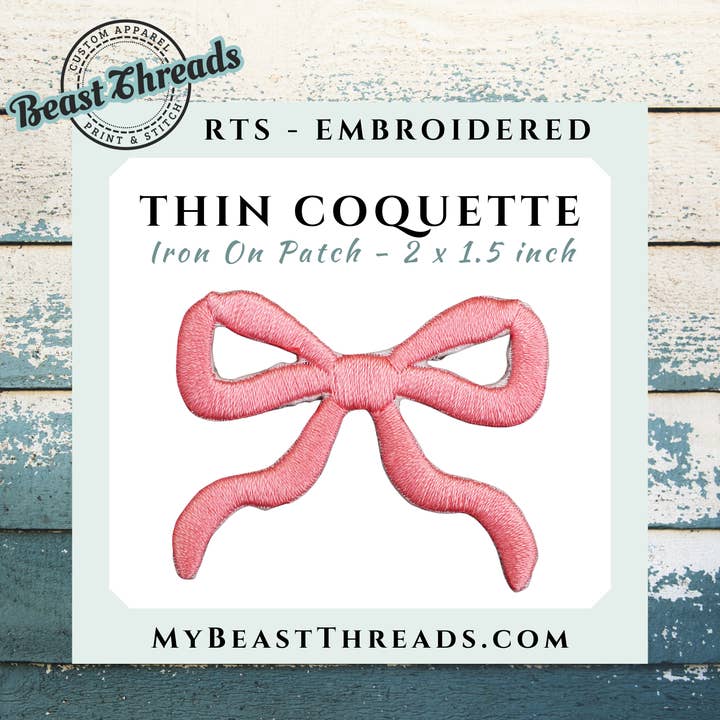 Thin Coquette Bow Embroidered Patch- RTS for wholesale by Beast Threads LLC