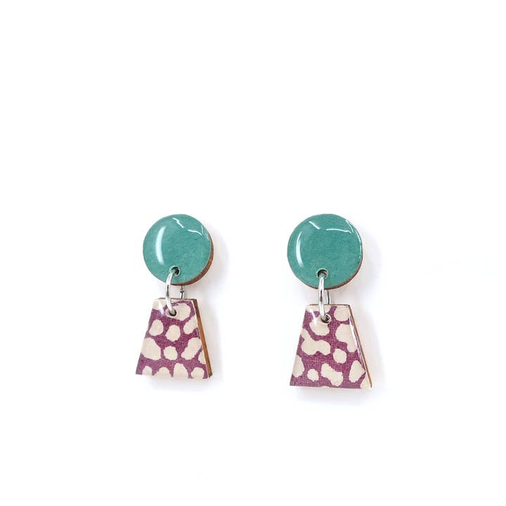 Green and purple geometric titanium small drop earrings for wholesale by autumn + tree