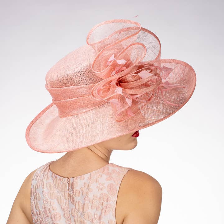 Sinamay swirls on sinamay hat with feathers | 102584 for wholesale by KaKyCo