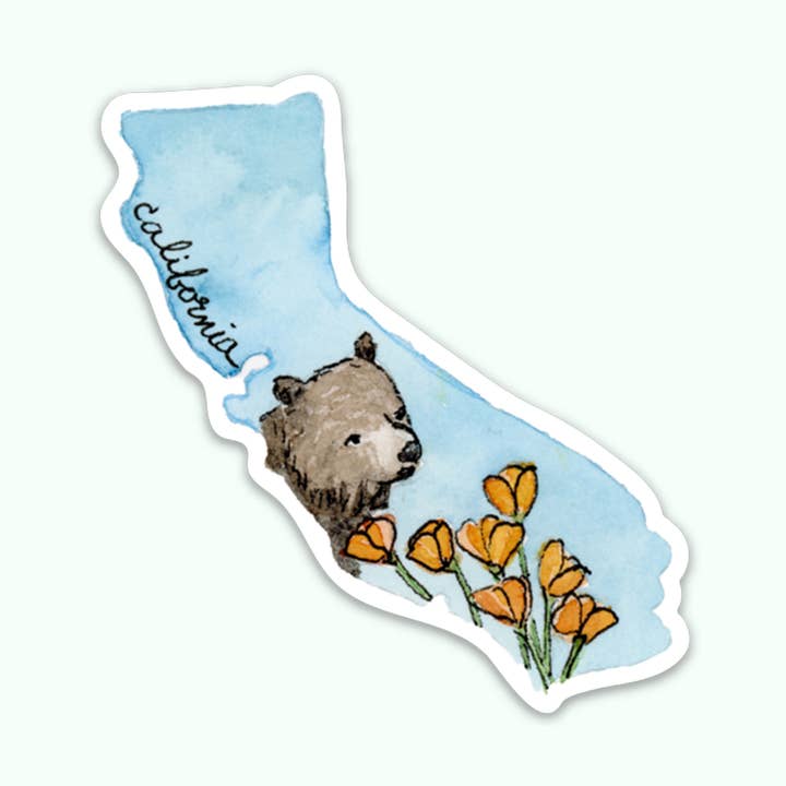 Bloom & Wander - Wholesale Sticker - California Stickers | CA State Watercolor - Bear & Poppies0