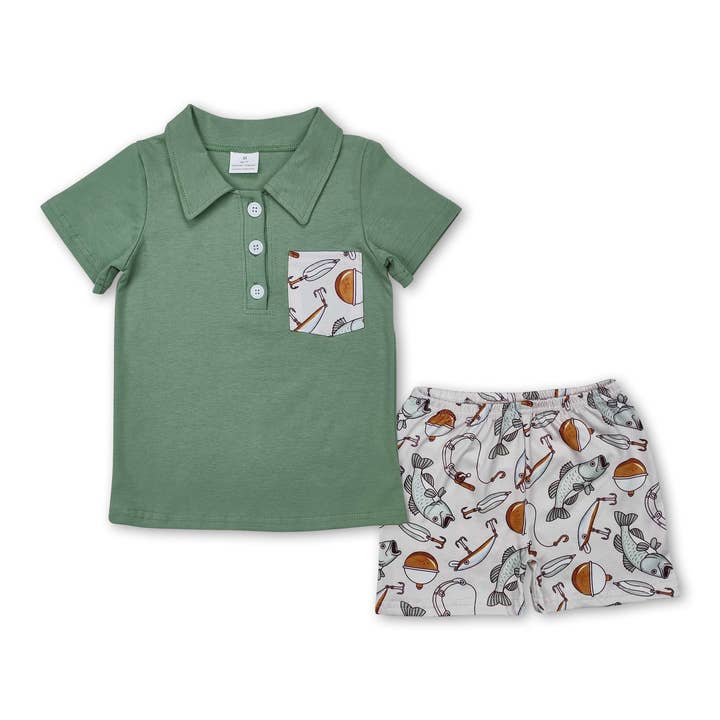 Yawoo Garments - Wholesale Top & Short Set - Kids - Short sleeves pocket top fishing shorts boys clothes0