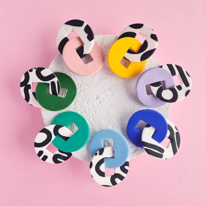 Handmade Polymer Clay Earrings - linked hoops with squiggle for wholesale by Mono