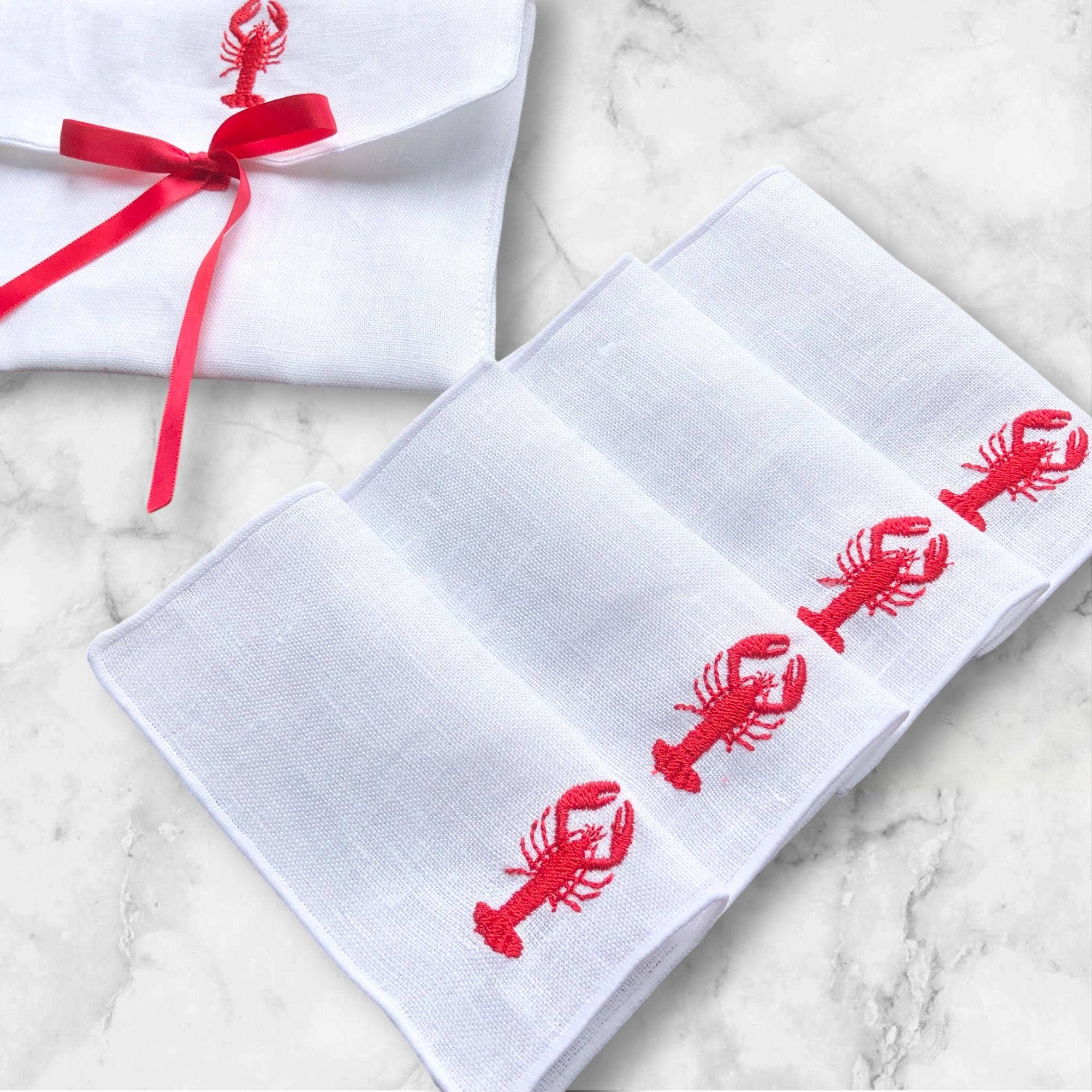 Belle Linen - Wholesale Dinner & Cloth Napkin - Set of 4 Red Lobster Embroidered Linen Cocktail Napkins6