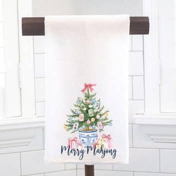 Merry Mahjong Christmas Tree Flour Sack Tea Towel – Chinoiserie Hostess Gift for wholesale by Moman Sales, Inc.