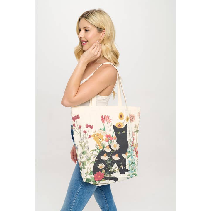 SM WARDROBE - Wholesale Tote Bag - Women's - CAT FLORAL PRINT TOTE BAG
