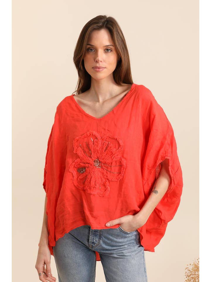 LÉA & LUC - Wholesale Tunic - Women's - Blouse with a flower in 100% Linen REF. 11209