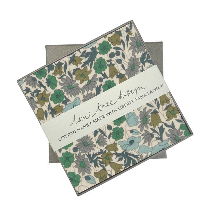 Lime Tree Design - Wholesale Handkerchief - Women's - Single Boxed Hanky made with Liberty Tana Lawn Green Poppy and Daisy - Unit of 3