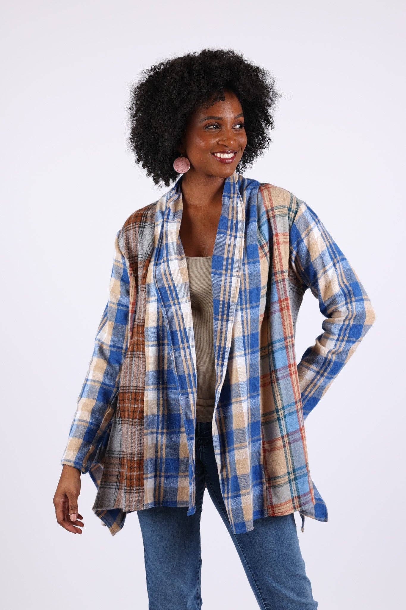 Sacred Threads - Wholesale Cardigan - Women's - Soft Tone Plaid Cardigan: Flannel in Patchwork