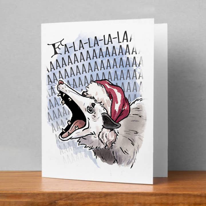 Aaron Millard Illustration - Wholesale Christmas Card - "Fa La L-AAAA" - Funny Stressed Possum Meme Christmas Card