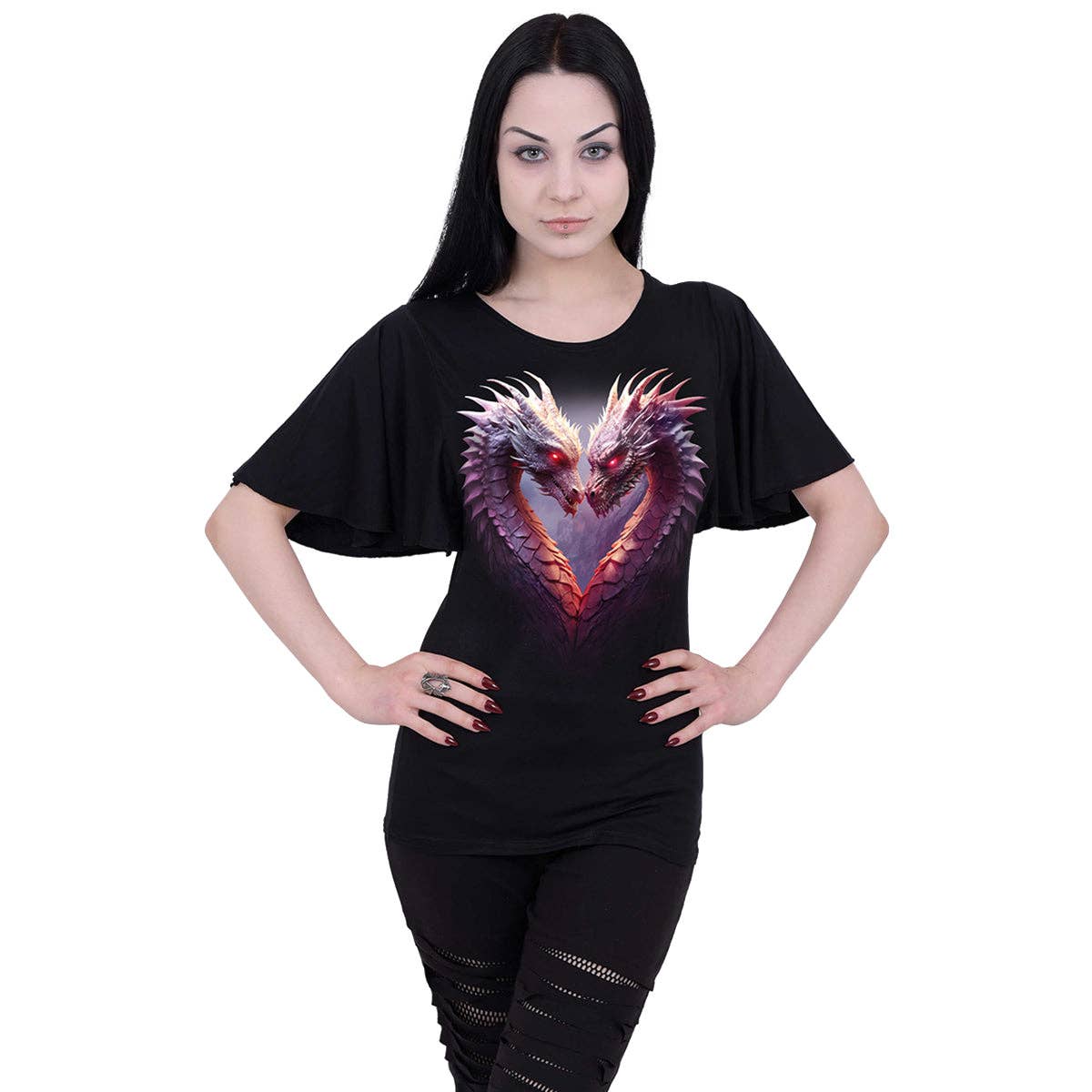 Spiral - Wholesale Screen Printed T-Shirt - Women's - HEART OF DRAGONS - Boat Neck Bat Sleeve Top Black1