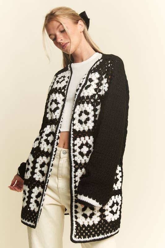 JADE BY JANE - Vente Cardigan – femme - Cardigan en maille ouverte bicolore en crochet carré à motif floral4