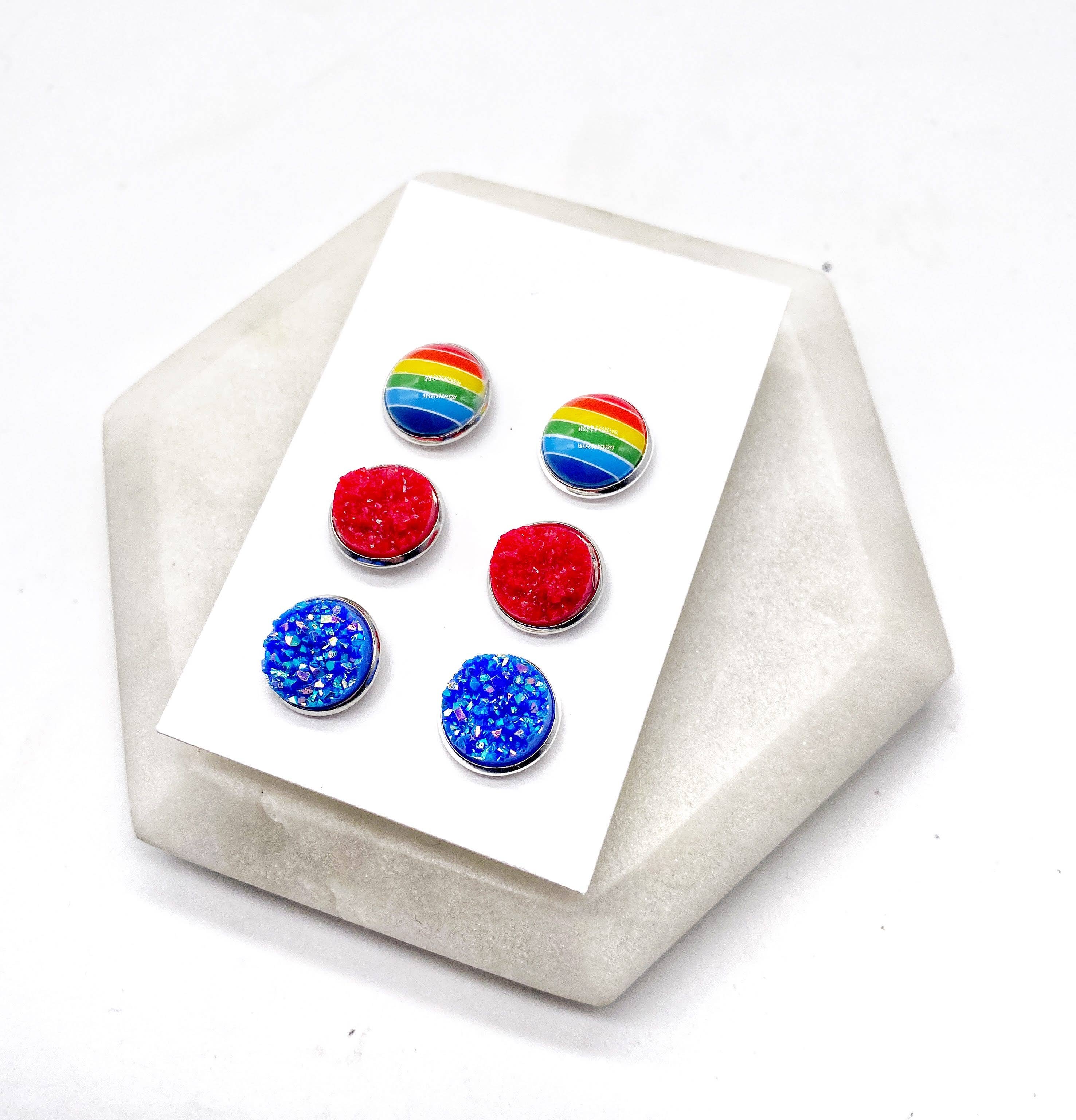 Baubles by B - Wholesale Jewelry Set - Classic Rainbow Druzy Stud Set Trio St Patricks5