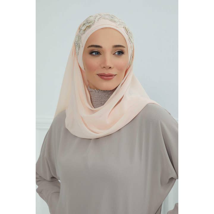 Aisha's Design - Wholesale Hijab – Women’s - Luxury Instant Chiffon Hijab with Floral Lace, Ready-to-Wear Chiffon Hijab with Embroidered Flowers,CPS-10144