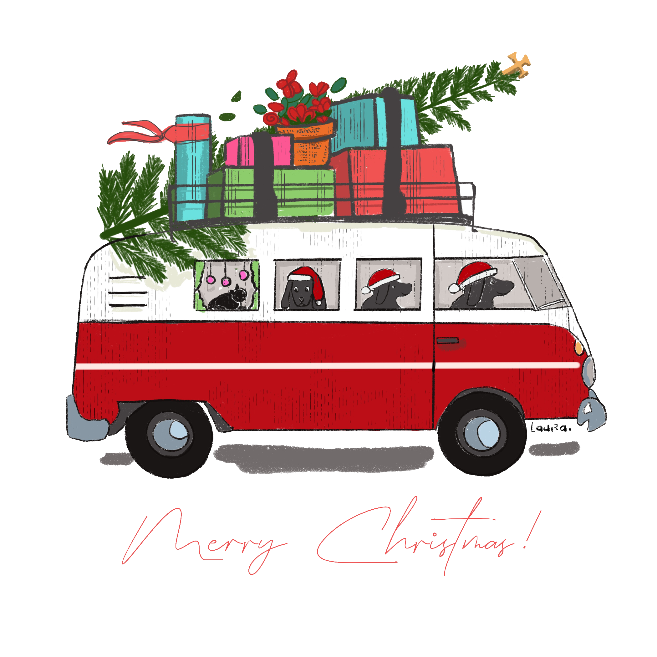 Laura K Aiken Studio - Wholesale Tea Towel - Holiday Christmas VW Van Lab Dogs, Cat, Tree, and Gifts1