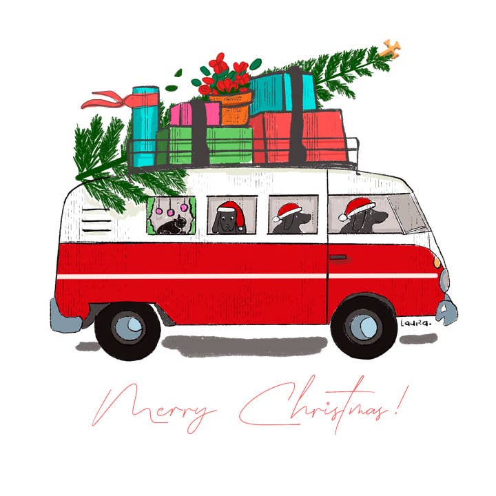 Laura K Aiken Studio - Wholesale Tea Towel - Holiday Christmas VW Van Lab Dogs, Cat, Tree, and Gifts1