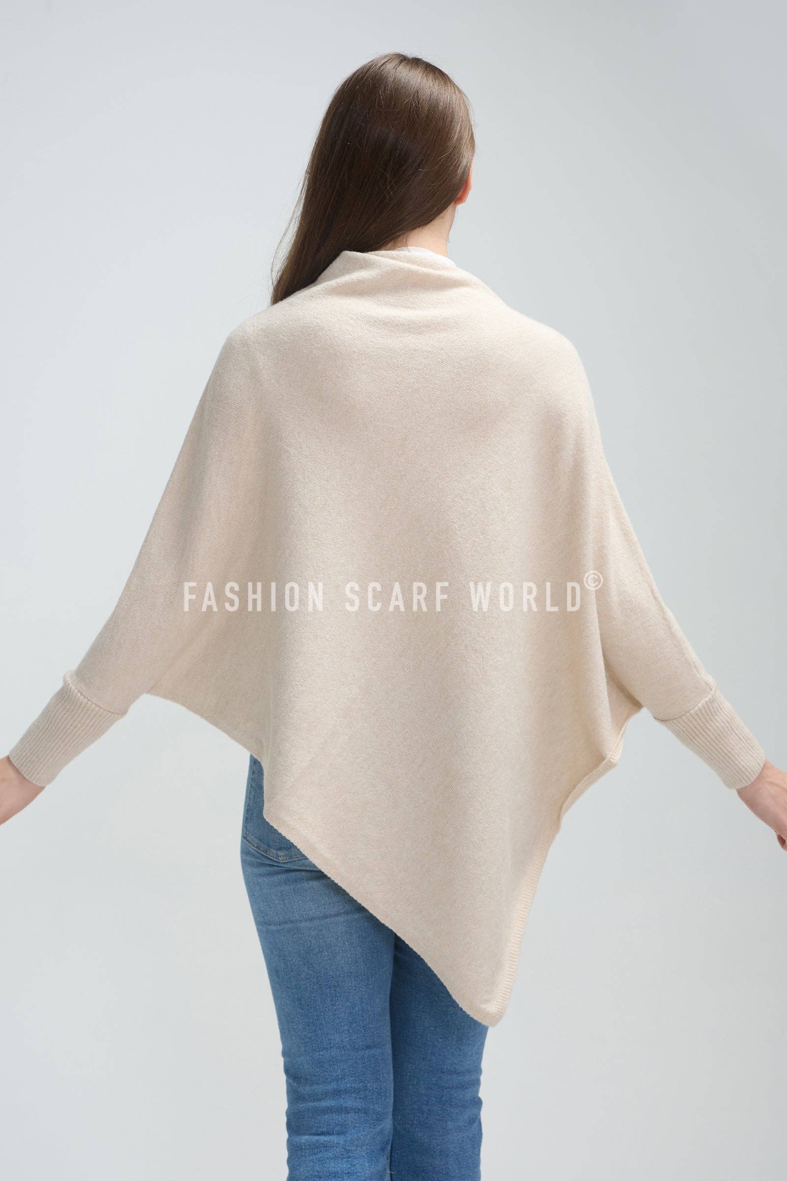 Fashion Scarf World – wholesale Poncho – Women's – Plain Cuffed Diagonal Drape Wool Poncho17