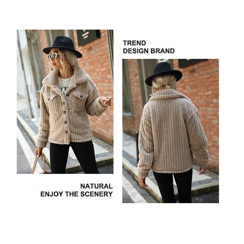 LIGHT COFFEE Double-Sided Fleece Solid Color Lapel Single Breasted Outerwear for wholesale on Faire8