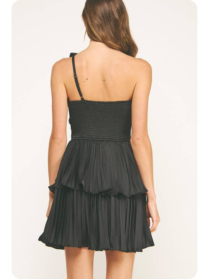 Strut & Bolt - Wholesale Dress - Women's - Knotted Flower Bow Satin Pleated Mini Dress6