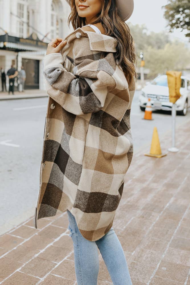 UNISHE - Wholesale Shirt Jacket/Shacket - Women's - Lapel Button Pocket Long Plaid Shacket CY0235