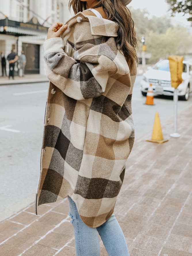 UNISHE - Wholesale Shirt Jacket/Shacket - Women's - Lapel Button Pocket Long Plaid Shacket CY0235