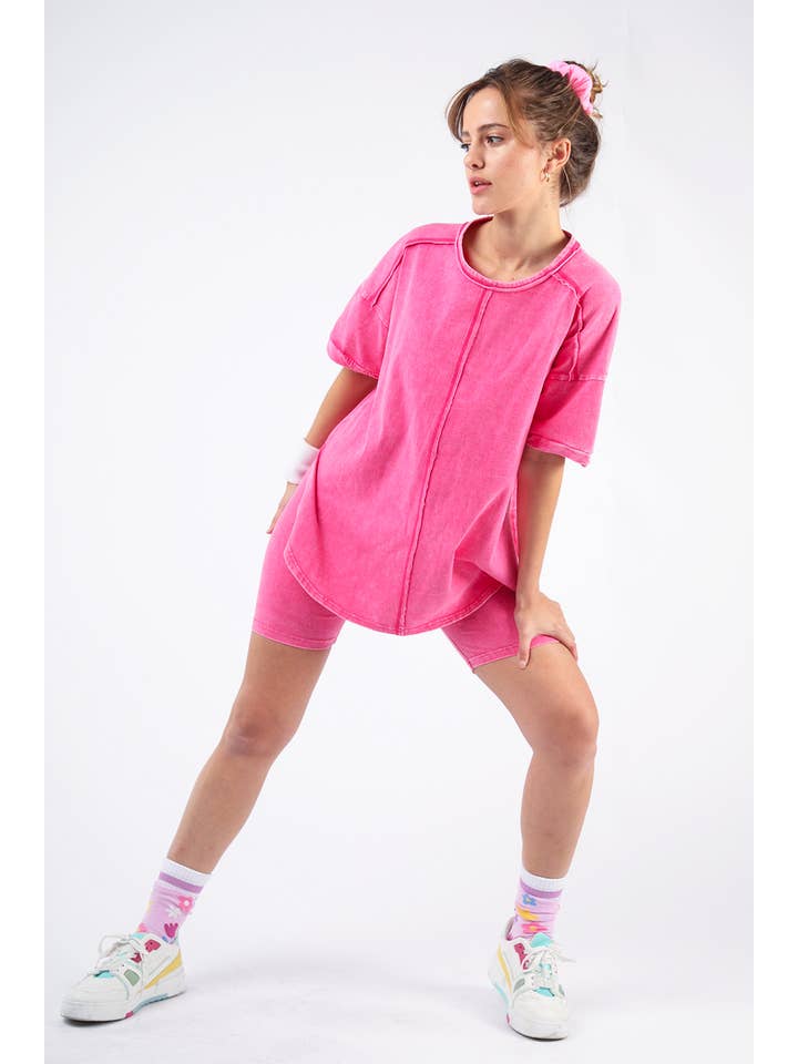 VERY J - Wholesale Activewear Set - Women's - NT11590SET-Washed Stretchy Knit Activewear Top & Shorts