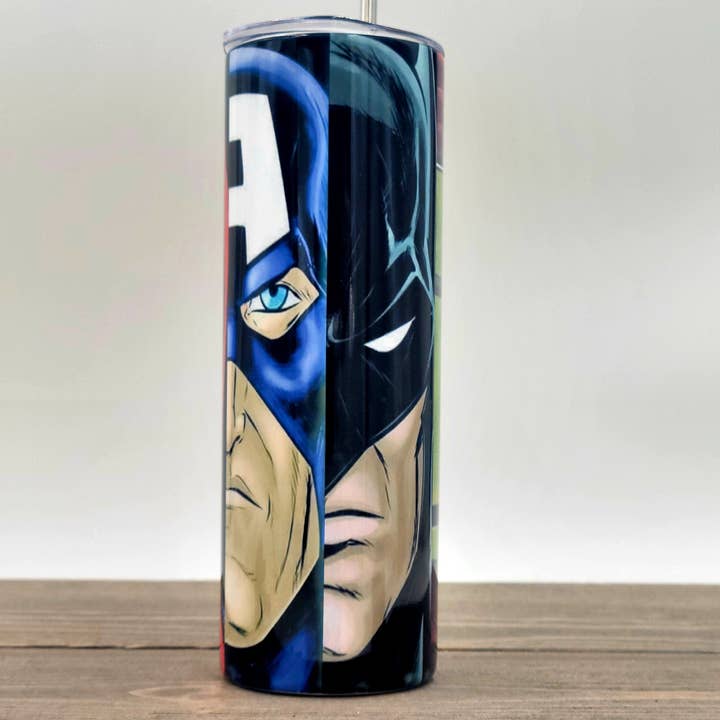 LGH Designs - Wholesale Insulated Mug/Tumbler - Batman, Ironman, Hulk, Spiderman, Captain America Mash Up 20oz Sublimated Skinny Stainless Steel Double Wall Tumbler3