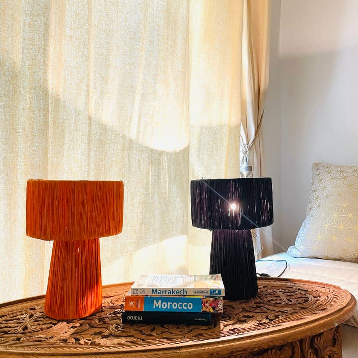 LeBazare - Wholesale Accent/Desk Lamp - Lampe de Table en Raphia Fait Main – Orange Violet Naturel Marocain5